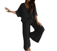 Conjunto de ropa de descanso para mujer, media manga, cuello en V, túnica y pantalones largos de pierna ancha, conjunto de pijama suave y cómodo, conjunto de pijama de verano de 2 piezas con bolsillos