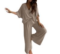 Conjunto de ropa de descanso para mujer, media manga, cuello en V, túnica y pantalones largos de pierna ancha, conjunto de pijama suave y cómodo, conjunto de pijama de verano de 2 piezas con bolsillos