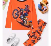 Conjunto de ropa de estar por casa de larga y pantalón largo para niño, 1 juego, Pequeño , Motocicleta y deslumbrante, Lindo y , Tela ignífuga probada, Amigable con la piel y