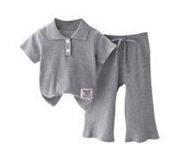 Conjunto de ropa de fiesta de cumpleaños para niños, manga corta, con cordón, pantalones de pierna ancha, conjunto de ropa de verano, casual, liso, ropa de punto, ropa de calle, camisa escolar (gris