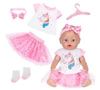 Conjunto de ropa de muñeca de 5 piezas para muñecas recién nacidas de 35-43 cm, traje de muñeca pony rosa dulce: falda de tul superior, diadema, calcetines, colgador, trajes de muñeca para muñecas de
