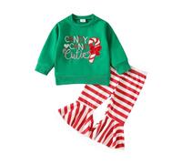 Conjunto de ropa de Navidad genérico,Ropa de Navidad Traje para bebé niña de edad pequeña,Sudadera de cuello redondo con pantalones acampanados a rayas, conjunto de ropa de invierno(Green,12-18 meses)