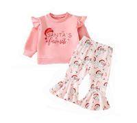 Conjunto de ropa de Navidad genérico,Ropa de Navidad Traje para bebé niña de edad pequeña,Sudadera de cuello redondo con pantalones acampanados a rayas, conjunto de ropa de invierno(rojo, 3-6 meses)