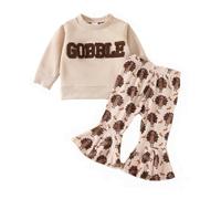 Conjunto de ropa de Navidad genérico,Ropa de Navidad Traje para bebé niña de edad pequeña,Sudadera de cuello redondo con pantalones acampanados a rayas, conjunto de ropa de invierno (Khaki,3-6 meses)