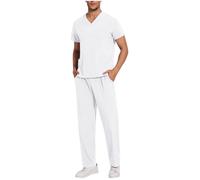 Conjunto de ropa de trabajo de 2 piezas para hombre, color sólido, cuello en V, bolsillo, camisa de manga corta, pantalones elásticos, conjuntos de uniforme, O-922 Blanco, XL