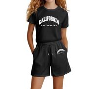 Conjunto de Ropa Niña Hip Hop para Niñas Corto Estampado Camiseta Corta y Pantalones Deportivos Traje Casual Verano Moda 6-13 Años