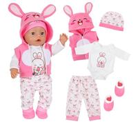 Conjunto de ropa para muñeca bebé rosa de 5 piezas para muñecas de 35-43 cm/14-17 pulgadas, lindo conjunto para muñeca bebé con chaqueta de conejito, top de conejito, pantalones, gorro estampado + cal
