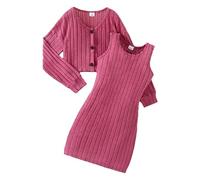 Conjunto de Ropa para Niñas Abrigo Acanalado Manga Larga Invierno Otoño Vestido sin Mangas Grandes Informal Escolares (Red, 11-12 Years)