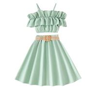 Conjunto de ropa para niñas pequeñas, Tops con volantes de Color sólido sin mangas, falda con cinturón, trajes de 3 uds. Traje De Playa Mujer Trajes Adulto