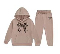 Conjunto de ropa para niñas, sudadera con capucha y pantalones deportivos de forro polar de invierno, ropa informal cómoda para niños con estampado elegante para niñas pequeñas y (Khaki, 12-13 Years)