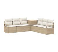 Conjunto de salón 7 piezas Beige y Crema, Poli Ratan sobre marco de acero | Cojines gruesos de poliéster 180 g, diseño modular, baúl de almacenamiento, acabado en polvo, poliéster ratan resistente a la