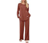 Conjunto de salón de dos piezas para mujer, cuello redondo, monocolor, ropa de salón, suelta, manga larga, parte superior y pantalones de pierna ancha, conjunto de 2 piezas, elegante ropa de hogar