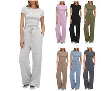 Conjunto de salón para mujer de dos piezas - Chándal para mujer - Conjunto holgado - Traje de casa de manga corta y pantalones de chándal de pierna ancha con cordón, chándal de yoga, ropa de salón