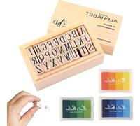 Conjunto de Sellos de Madera con Letras Grandes y Pequeñas - Para Scrapbooking y Manualidades - Sellos para Educadores y Jóvenes con Tinta para Sellos y Caja de Madera Incluida