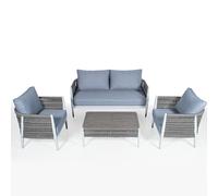 Conjunto de Sofa, 2 sillones y Mesa de Centro de Aluminio y Mimbre en Gris y Azulado 70x165x79 cm