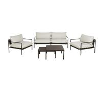 Conjunto de sofá de exterior de 3 plazas, 2 sillones y mesas bajas de acero, resina negra y cojines de poliéster reciclado crudo