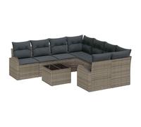 Conjunto de sofá de jardín 9 piezas gris poli Rattan | Modular, Mesa Vidrio Templado, Acero Revestimiento en Polvo, Cojines Poliéster, Diseño Rectangular