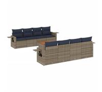 Conjunto de sofá de jardín de 9 piezas Polyrotan gris con mesa de acacia | Ratán PE resistente a la intemperie, cojines desenfundables lavables, mesa acacia gato gas, modular flexible para terraza