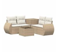 Conjunto de sofás de jardín 6 piezas Beige Poli Ratán Acero con Baúl | Diseño modular flexible, marco de acero estable, maletero 55x55x69 cm, resistente a la intemperie, fácil mantenimiento
