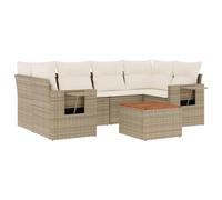 Conjunto De Sofás De Jardín De 7 Piezas Con Cojines Beige Polyratan | Poliratán resistente a la intemperie, mesa de acacia plegable, fundas lavables, diseño modular