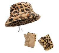 Conjunto de Sombrero de Pescador con Estampado de Leopardo y Guantes Sin Dedos Mujer,Gorro Invierno Mujer Pelo y Mitones Cálidos de Vellón, Cumpleaños