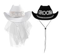 Conjunto de sombrero de vaquera para novia y sombrero de vaquero para novio, novia blanca con velo, vaquero negro con diamantes de imitación, no tejido, con correa para la barbilla y regalos