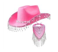 Conjunto de sombrero de vaquero decorado con bufanda y borlas, accesorio de dos piezas para citas, color rosa