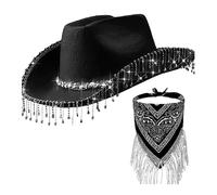 Conjunto de sombrero de vaquero decorado con bufanda y borlas, accesorio de dos piezas para citas, color negro