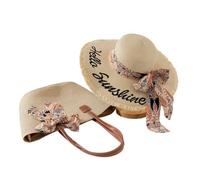 Conjunto de sombreros de paja y bolsa de paja bohemia para mujer, gran sombrero para el sol, protección UV y bolsa de playa, paja, juego de verano ligero, A43., Talla única para todos, Bohemian