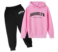 Conjunto de sudadera con capucha y pantalones deportivos para niñas de Brooklyn New York con capucha, conjunto de sudadera atlética de viaje con capucha y pantalones deportivos para invierno y otoño