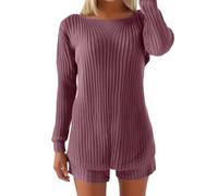 Conjunto de suéter de 2 piezas para mujer, traje de ocio a rayas, traje de casa monocolor, ropa de calle, ropa de salón, manga larga, cuello redondo y pantalones cortos, dos piezas para ropa de otoño