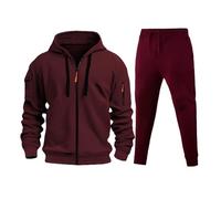 Conjunto de suéter de invierno acolchado con cremallera para hombre, sudadera con capucha y pantalones deportivos con múltiples bolsillos, forro polar, ropa de ocio para clima frío, Vino, S