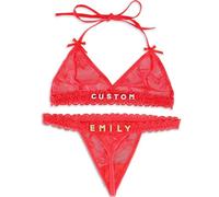 Conjunto de Tanga y Sujetador Personalizados, Tanga y Sujetador Personalizados con Nombre, Ropa Interior Femenina Personalizada, Lencería de Encaje con Letras de Rhinestone Bragas de Bikini de Encaje