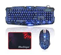 Conjunto de teclado y ratón con diseño para videojuegos de Bluefinger, con cable USB, led rojo, azul y morado, con retroiluminación de 3 colores, teclado y ratón combo con diseño de videojuegos, con alfombrilla para ratón personalizada