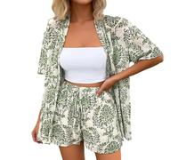 Conjunto de tops para mujer de 2 piezas, trajes de vacaciones hawaianos con estampado tropical, camisas y pantalones cortos, mono con cuello en V, manga vuela, pelele con cinturón, trópico, pierna