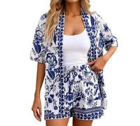 Conjunto de tops para mujer de 2 piezas, trajes de vacaciones hawaianos con estampado tropical, camisas y pantalones cortos, mono con cuello en V, manga vuela, pelele con cinturón, trópico, pierna