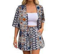Conjunto de tops para mujer de 2 piezas, trajes de vacaciones hawaianos con estampado tropical, camisas y pantalones cortos, mono con cuello en V, manga vuela, pelele con cinturón, trópico, pierna