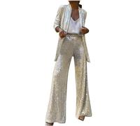 Conjunto de traje brillante para mujer, conjunto de 2 piezas con lentejuelas brillantes de Reino Unido, blazer de manga larga y pantalones de cintura alta, elegante conjunto de fiesta de noche, beige