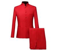 Conjunto de traje chino de 2 piezas para hombre, mandarina, botón frontal, blazer y pantalón, ajuste entallado, Rojo 1, XL