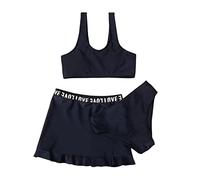 Conjunto de traje de baño de 3 piezas para niña, falda bikini top sólido y calzoncillos de playa elegante, Le Noir, 6-8 Años