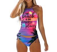 Conjunto de Traje de baño de Dos Piezas para Mujer You Had AT Day 2 Diinking and The Beach IS MY Happy Place Conjunto de Bikini de Playa de Dos Piezas con Estampado de con Alfabeto (S, S)