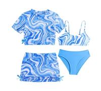 Conjunto de traje de baño de niña de 4 piezas, bikini para niñas cómodo de natación, traje de baño para niños, secado rápido, camisetas y medias de tanga con falda ropa para playa de vacaciones, Sky