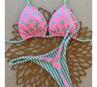 Conjunto de Traje de Baño Estilo : Bikini Rosa con Bloques de Color, Cuello Halter y en la Espalda, Top Triangular