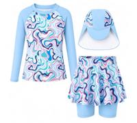 Conjunto de Traje de Baño para Niñas de 3 Piezas con Protección UV Manga Larga Top con Camiseta, Pantalones Cortos y Gorra de Natación 4-9 Años, 5-6 años
