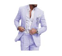 Conjunto de traje de lino para hombre, esmoquin casual, 2 piezas, blazer de ajuste regular, chaqueta y pantalones de lino con un botón, graduación, boda, cena, morado, 56