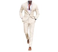 Conjunto de traje de lino para hombre, esmoquin casual, 2 piezas, blazer de ajuste regular, chaqueta y pantalones de lino con un botón, graduación, boda, cena, beige, 50