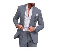 Conjunto de traje de lino para hombre, esmoquin casual, 2 piezas, blazer de ajuste regular, chaqueta y pantalones de lino con un botón, graduación, boda, cena, Dusty Azul, 52