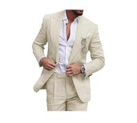 Conjunto de traje de lino para hombre, esmoquin casual, 2 piezas, blazer de ajuste regular, chaqueta y pantalones de lino con un botón, graduación, boda, cena, beige, 50