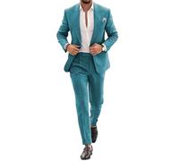 Conjunto de traje de lino para hombre, esmoquin casual, 2 piezas, blazer de ajuste regular, chaqueta y pantalones sólidos con un botón, para graduación, boda, fiesta, Teal, 52