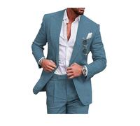 Conjunto de traje de lino para hombre, esmoquin casual, 2 piezas, blazer de ajuste regular, chaqueta y pantalones de lino con un botón, graduación, boda, cena, D-azul, 48